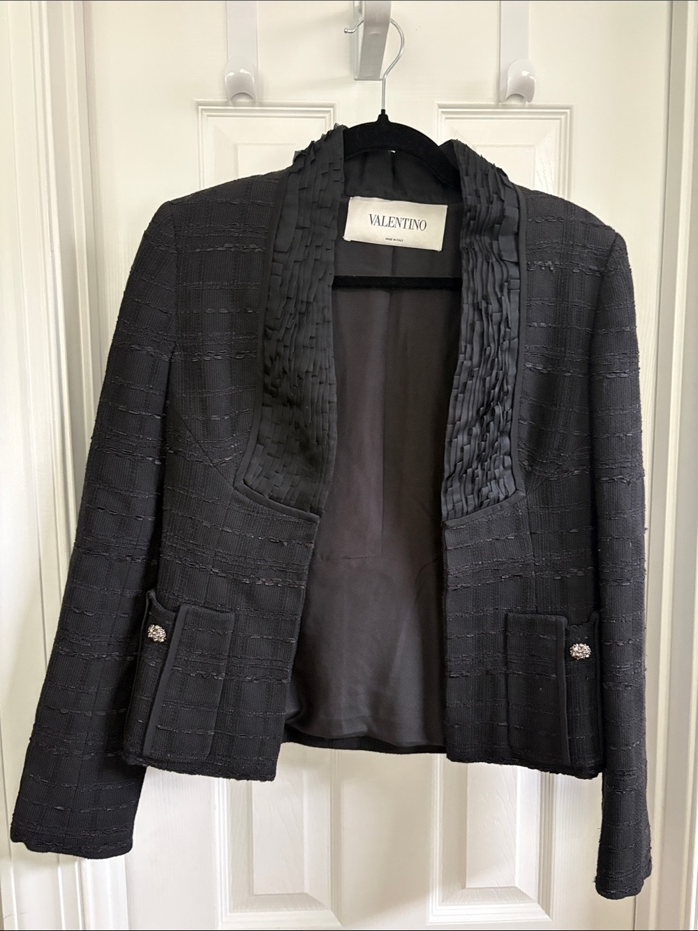 Valentino Black Tweed Open-Front Blazer with Satin Pleat Trim